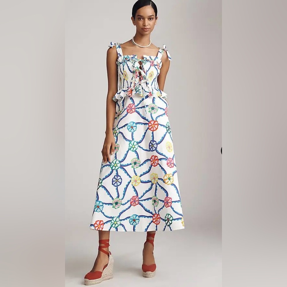 White Floral Smocked Midi Dress